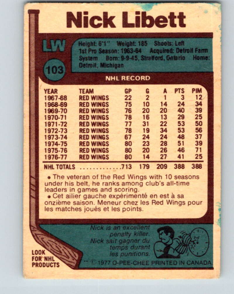 1977-78 O-Pee-Chee #103 Nick Libett  Detroit Red Wings  V13593