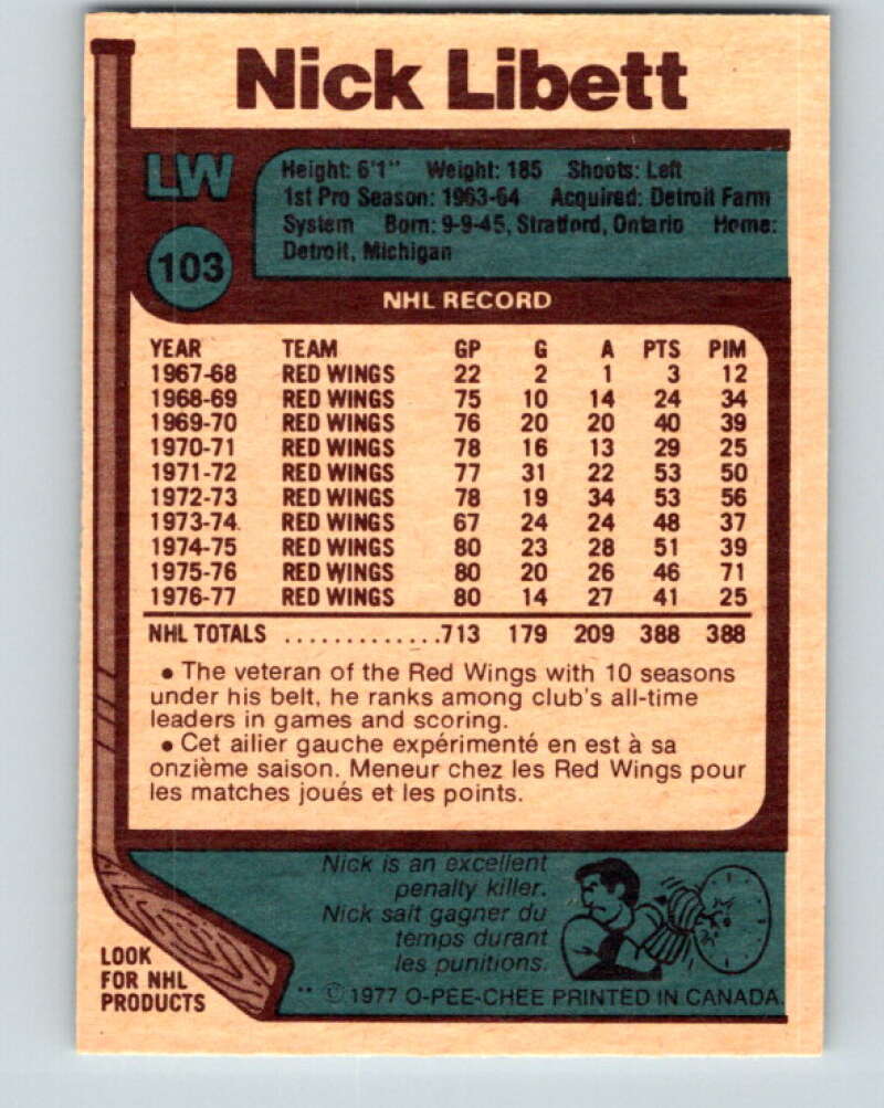 1977-78 O-Pee-Chee #103 Nick Libett  Detroit Red Wings  V13594