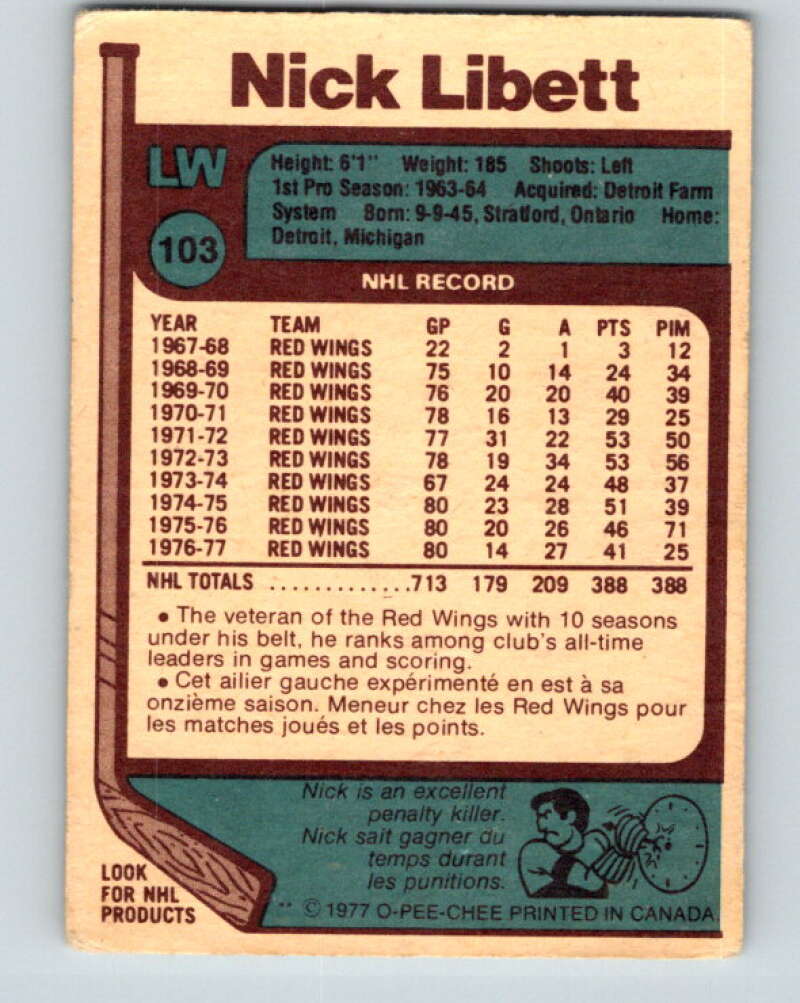 1977-78 O-Pee-Chee #103 Nick Libett  Detroit Red Wings  V13595