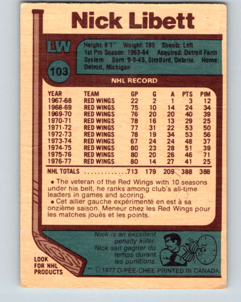 1977-78 O-Pee-Chee #103 Nick Libett  Detroit Red Wings  V13597