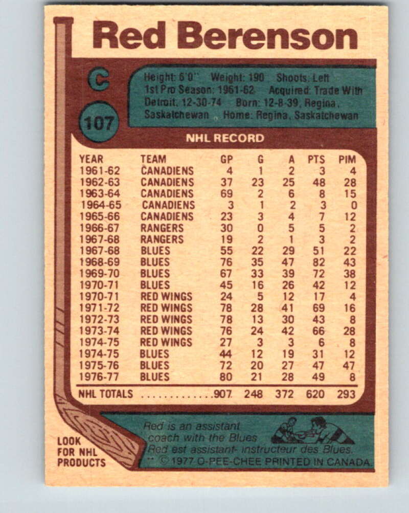 1977-78 O-Pee-Chee #107 Red Berenson  St. Louis Blues  V13626