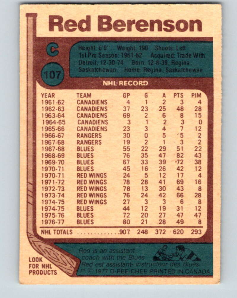 1977-78 O-Pee-Chee #107 Red Berenson  St. Louis Blues  V13627
