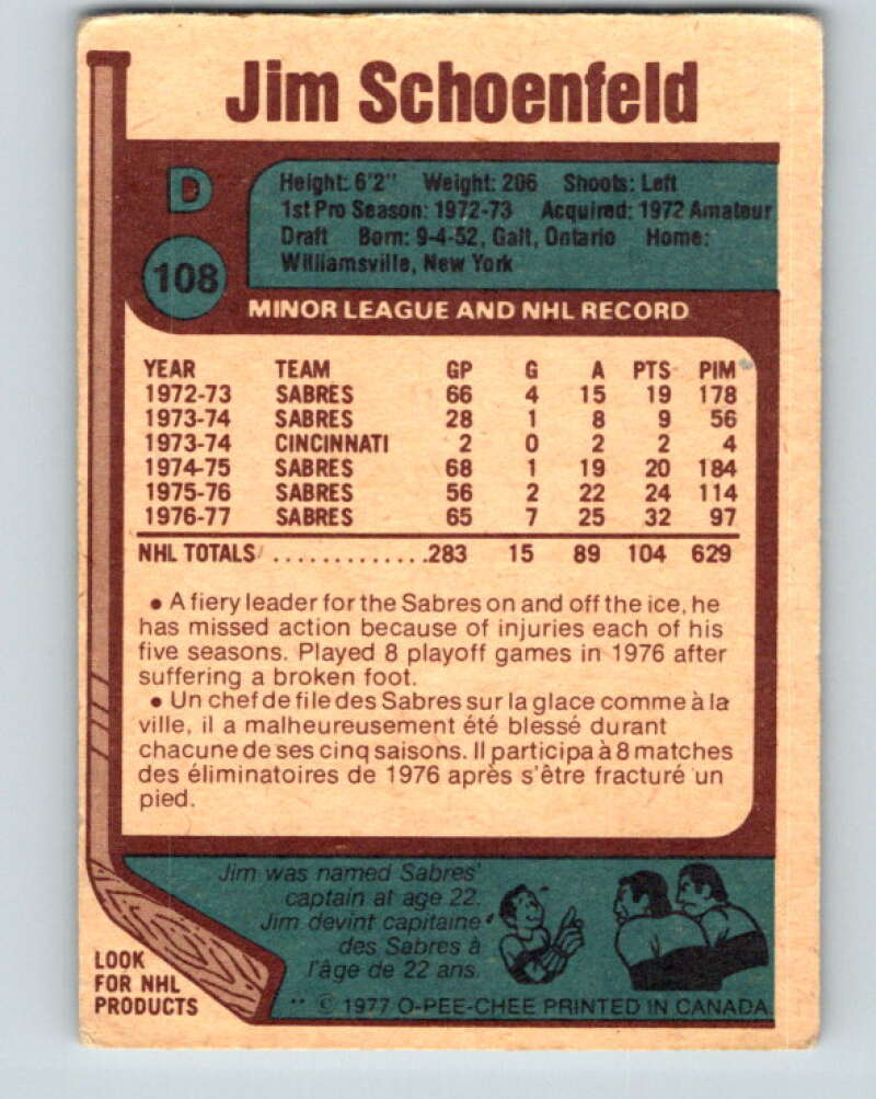 1977-78 O-Pee-Chee #108 Jim Schoenfeld  Buffalo Sabres  V13635