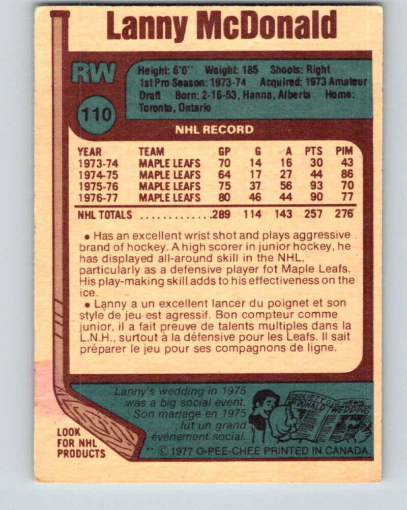 1977-78 O-Pee-Chee #110 Lanny McDonald AS  Toronto Maple Leafs  V13649