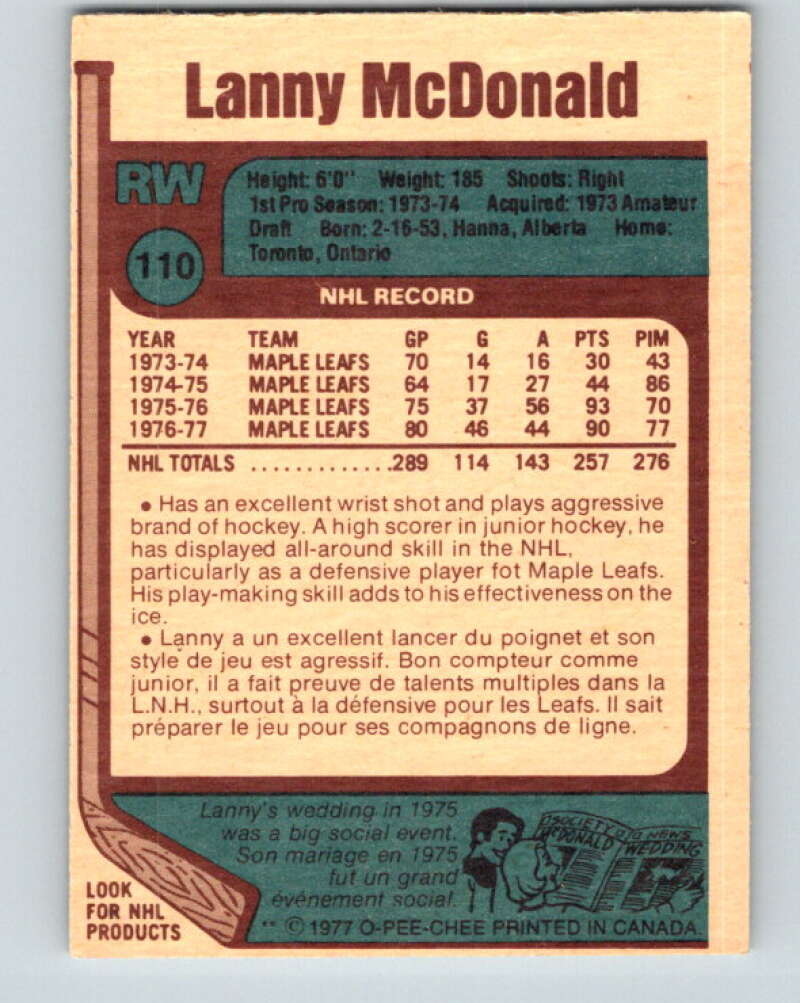 1977-78 O-Pee-Chee #110 Lanny McDonald AS  Toronto Maple Leafs  V13652