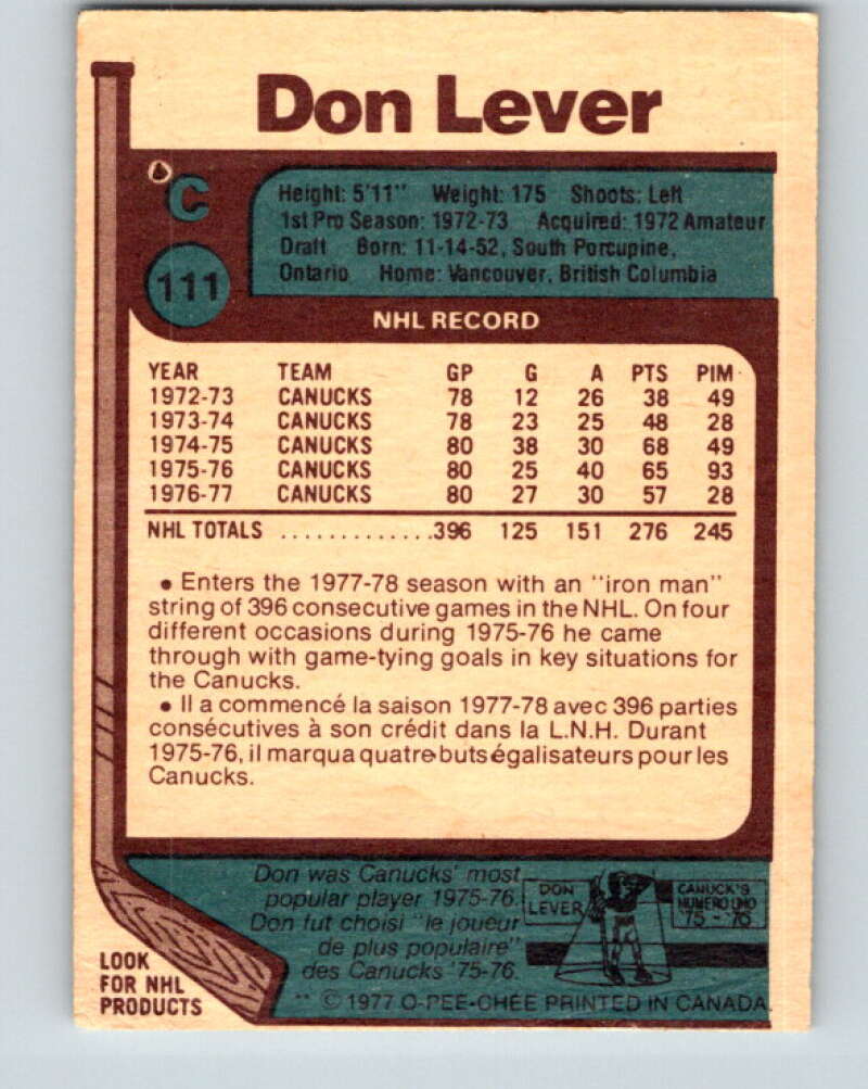 1977-78 O-Pee-Chee #111 Don Lever  Vancouver Canucks  V13659