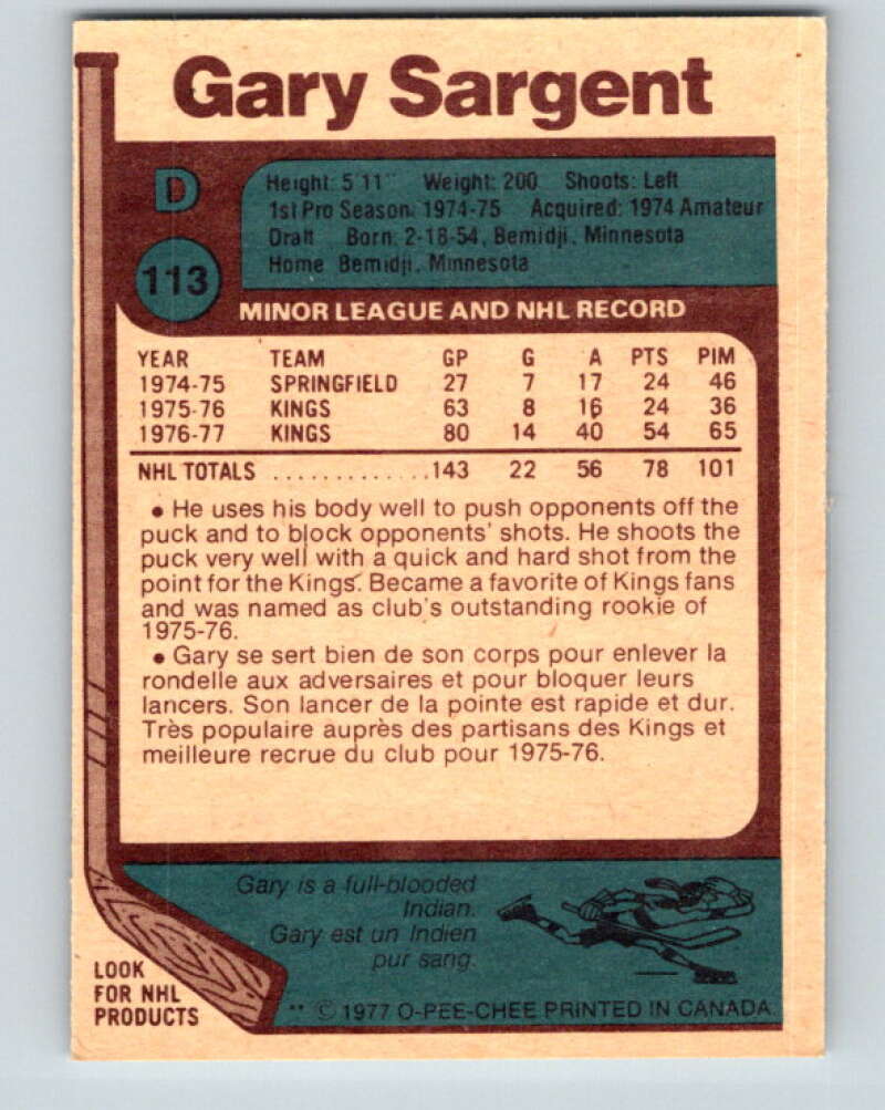 1977-78 O-Pee-Chee #113 Gary Sargent  RC Rookie Los Angeles Kings  V13669