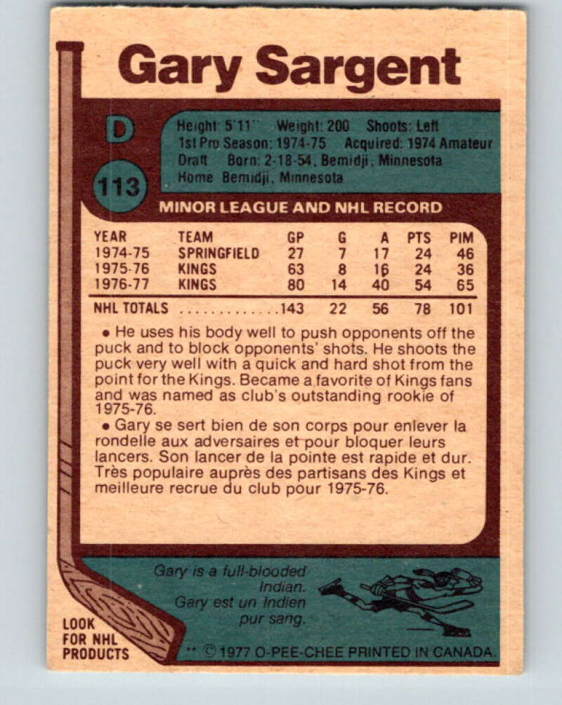 1977-78 O-Pee-Chee #113 Gary Sargent  RC Rookie Los Angeles Kings  V13670