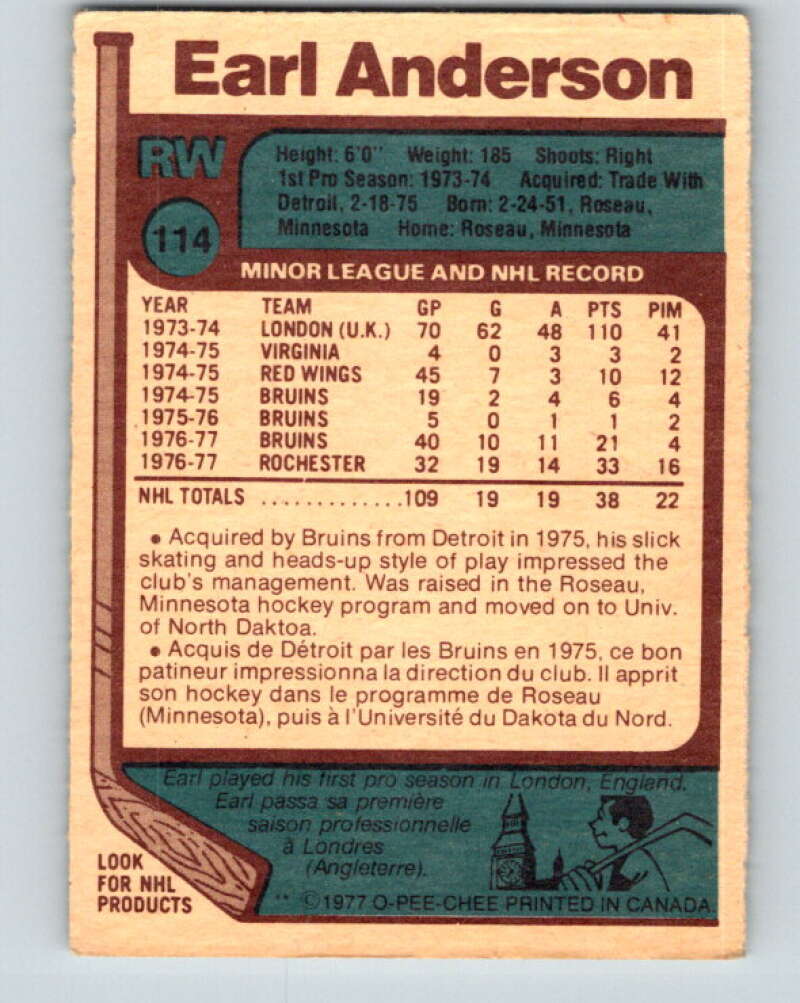 1977-78 O-Pee-Chee #114 Earl Anderson  RC Rookie Boston Bruins  V13683