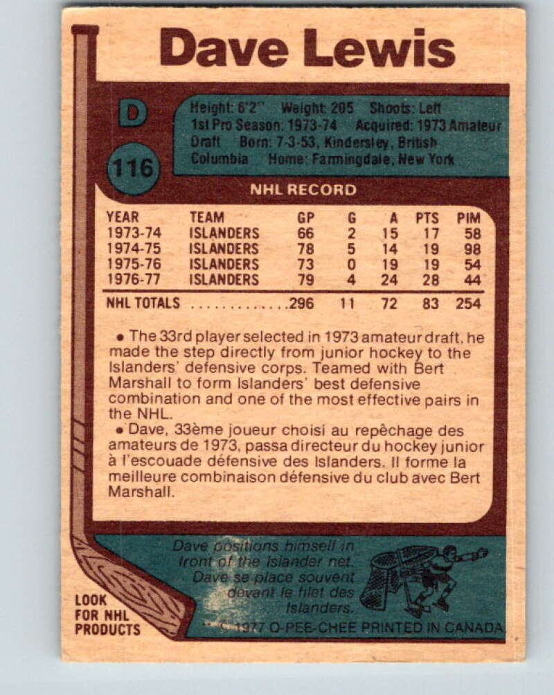 1977-78 O-Pee-Chee #116 Dave Lewis  New York Islanders  V13699