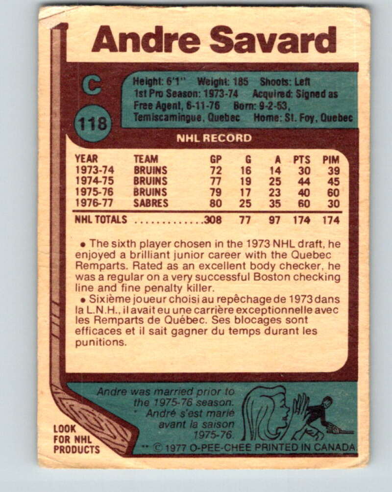 1977-78 O-Pee-Chee #118 Andre Savard  Buffalo Sabres  V13711