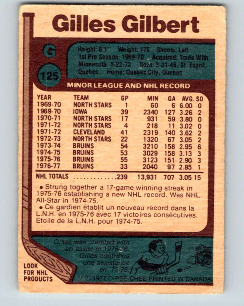 1977-78 O-Pee-Chee #125 Gilles Gilbert  Boston Bruins  V13774