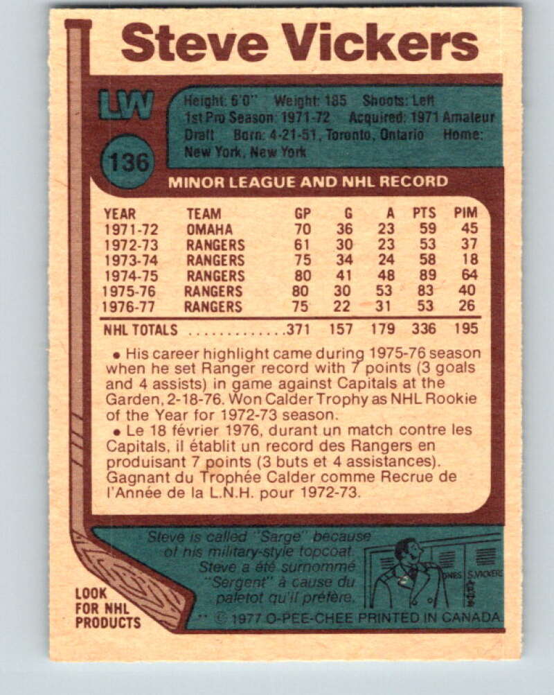 1977-78 O-Pee-Chee #136 Steve Vickers  New York Rangers  V13843