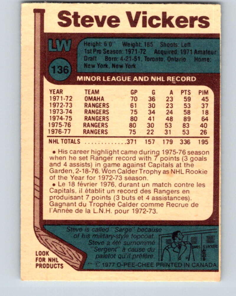 1977-78 O-Pee-Chee #136 Steve Vickers  New York Rangers  V13848