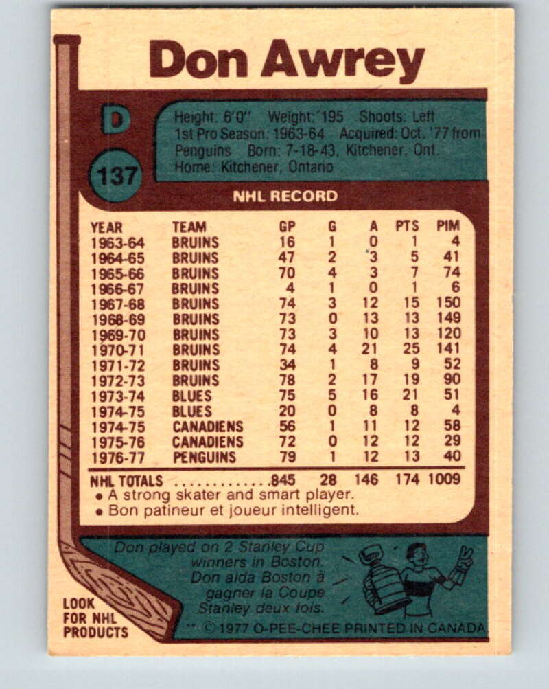 1977-78 O-Pee-Chee #137 Don Awrey  New York Rangers  V13853