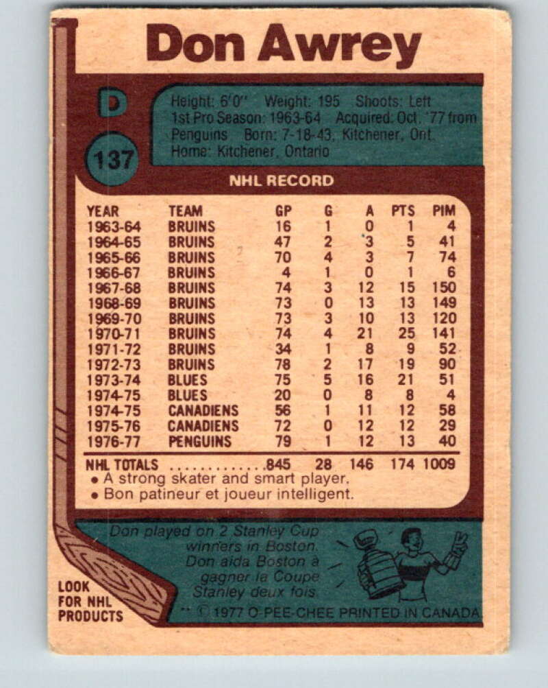 1977-78 O-Pee-Chee #137 Don Awrey  New York Rangers  V13856
