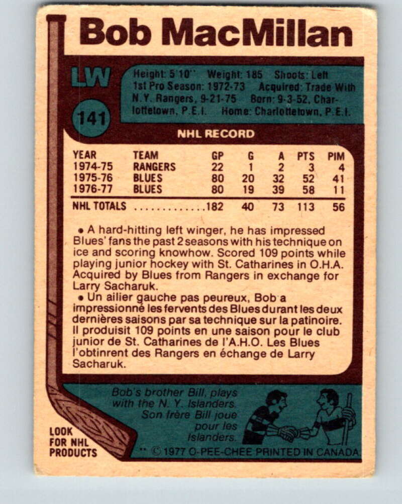 1977-78 O-Pee-Chee #141 Bob MacMillan  St. Louis Blues  V13889