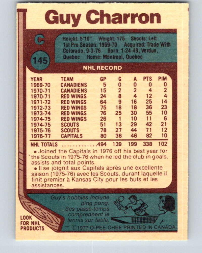 1977-78 O-Pee-Chee #145 Guy Charron  Washington Capitals  V13912