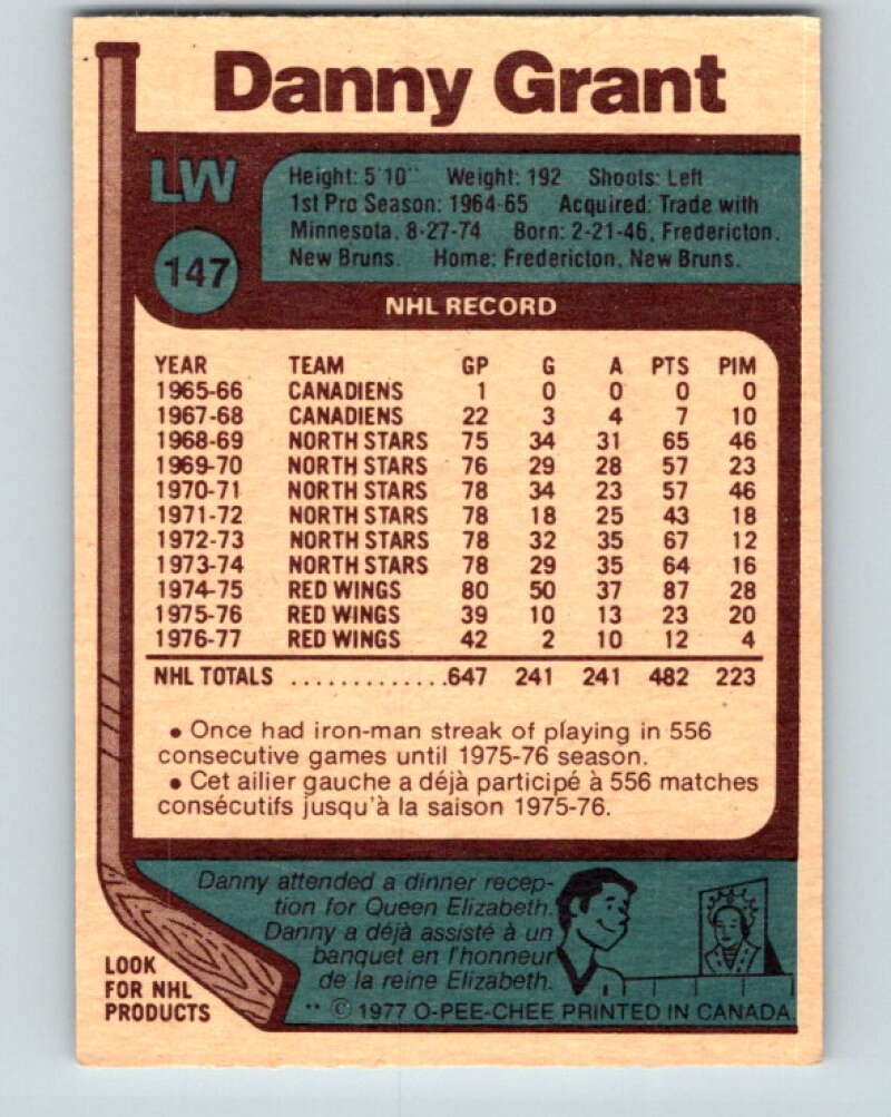 1977-78 O-Pee-Chee #147 Danny Grant  Detroit Red Wings  V13922