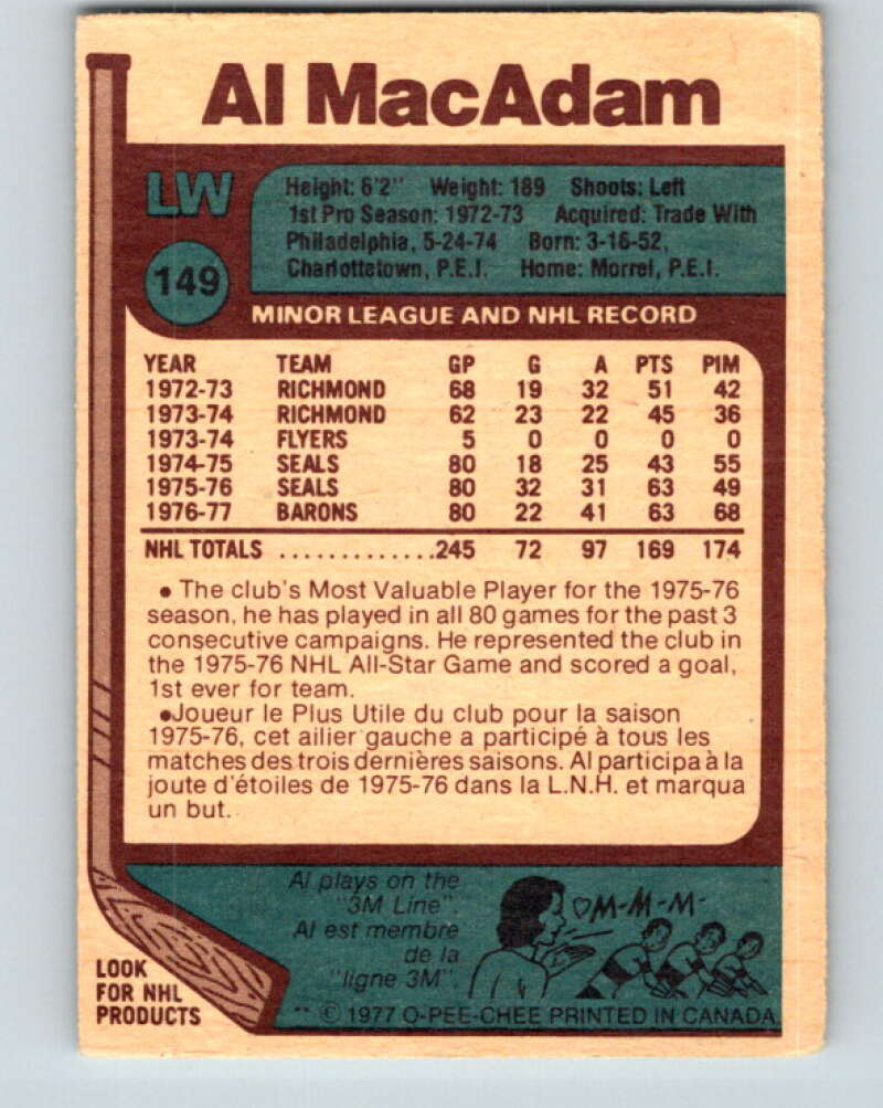 1977-78 O-Pee-Chee #149 Al MacAdam  Cleveland Barons  V13935