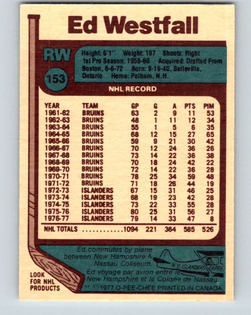 1977-78 O-Pee-Chee #153 Ed Westfall  New York Islanders  V13967