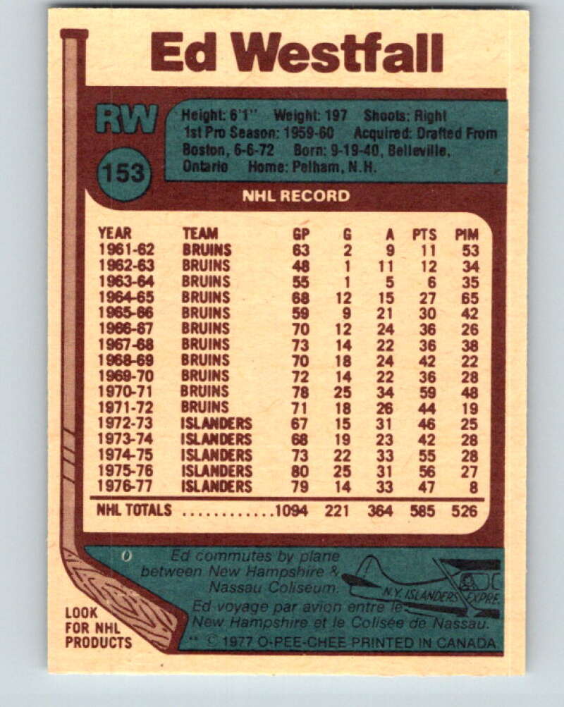 1977-78 O-Pee-Chee #153 Ed Westfall  New York Islanders  V13968