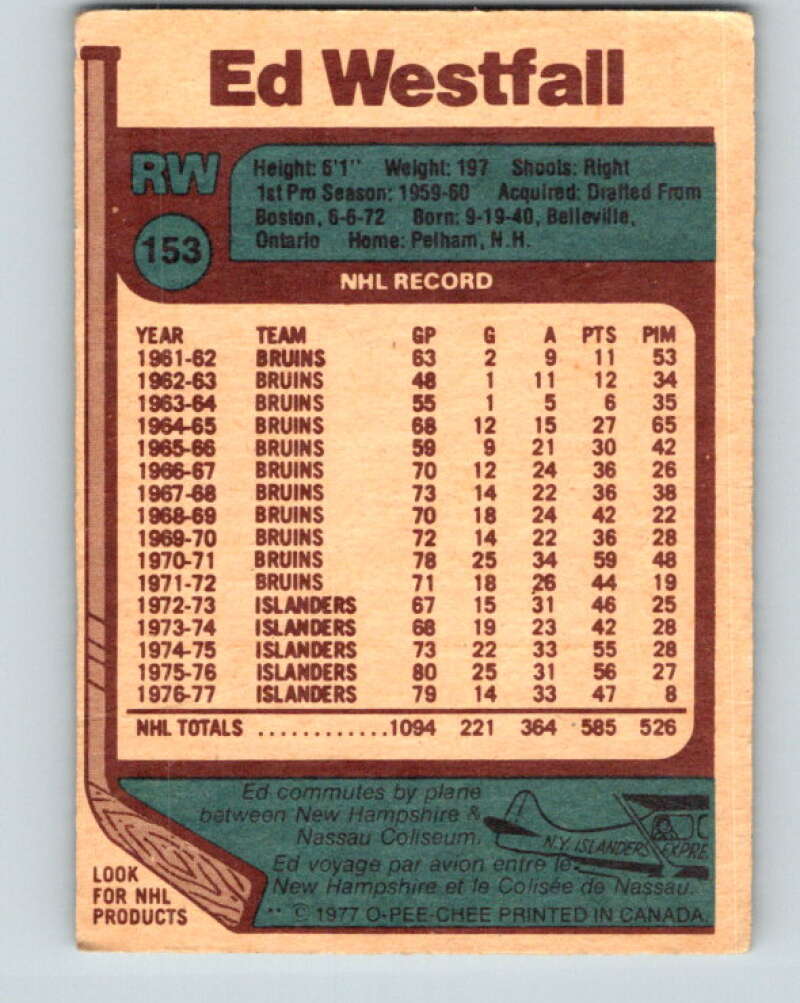 1977-78 O-Pee-Chee #153 Ed Westfall  New York Islanders  V13973