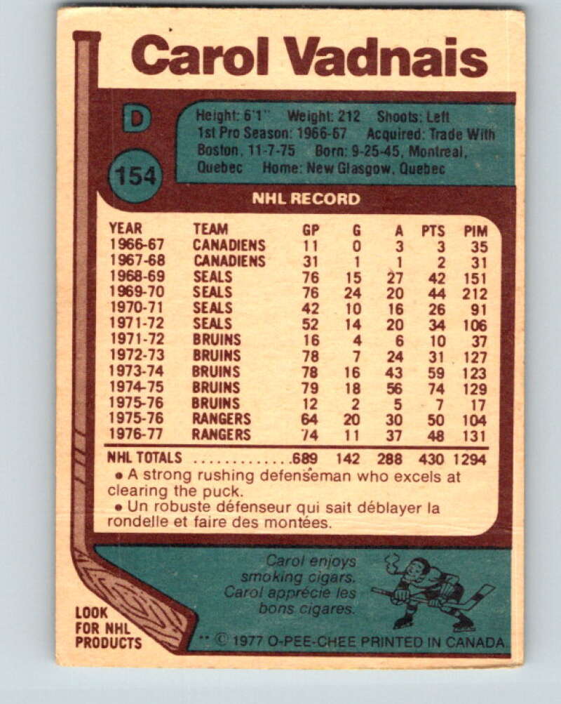 1977-78 O-Pee-Chee #154 Carol Vadnais  New York Rangers  V13980