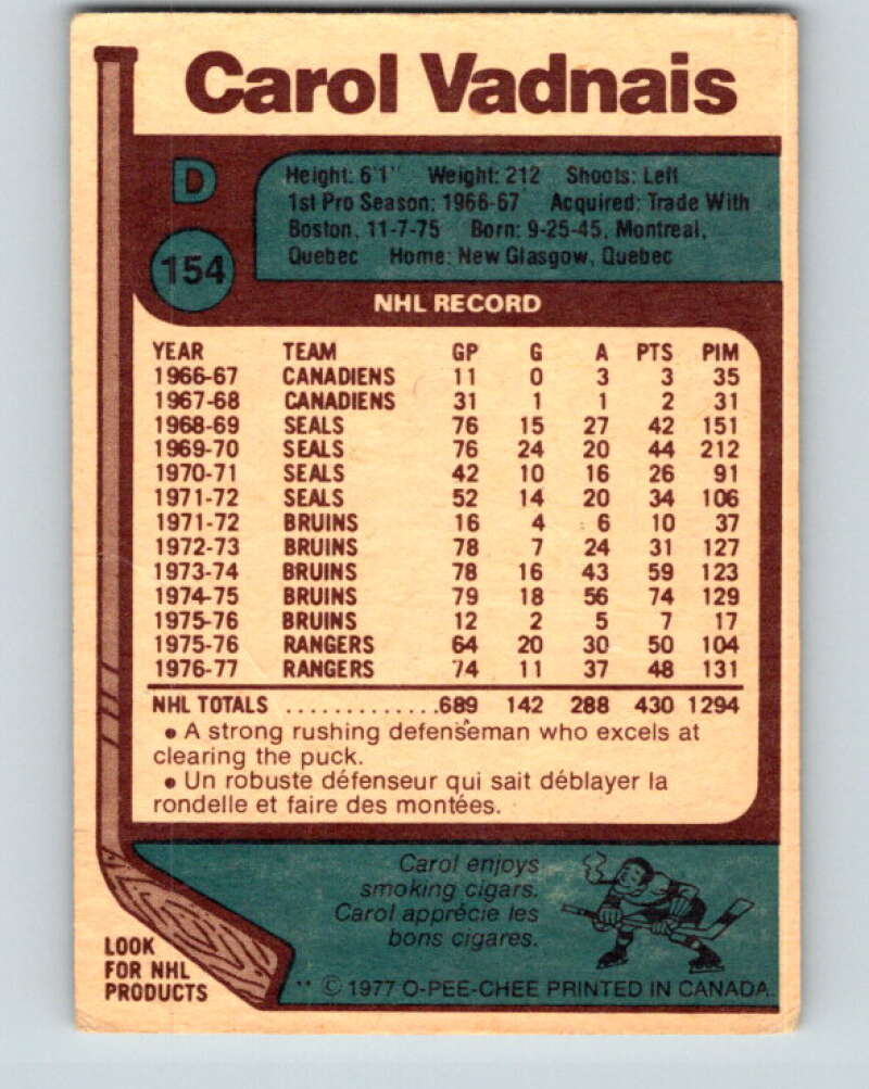 1977-78 O-Pee-Chee #154 Carol Vadnais  New York Rangers  V13982