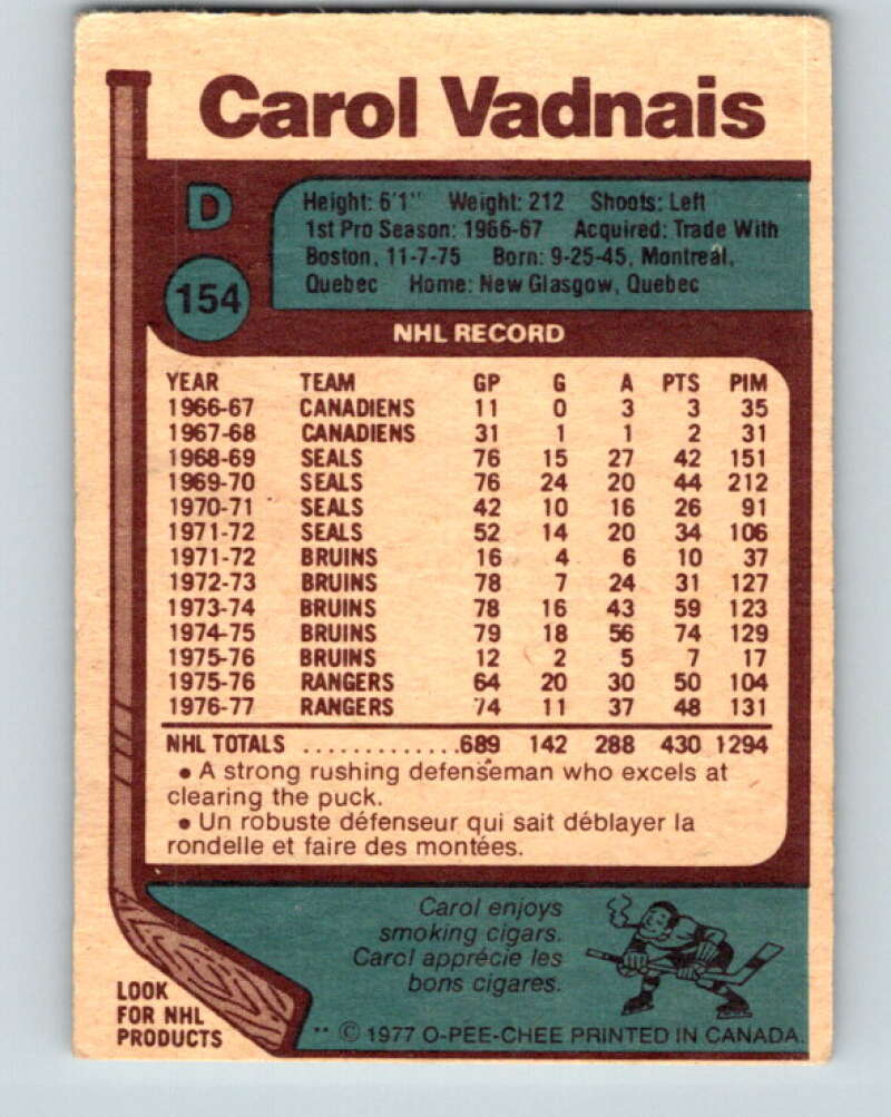 1977-78 O-Pee-Chee #154 Carol Vadnais  New York Rangers  V13983