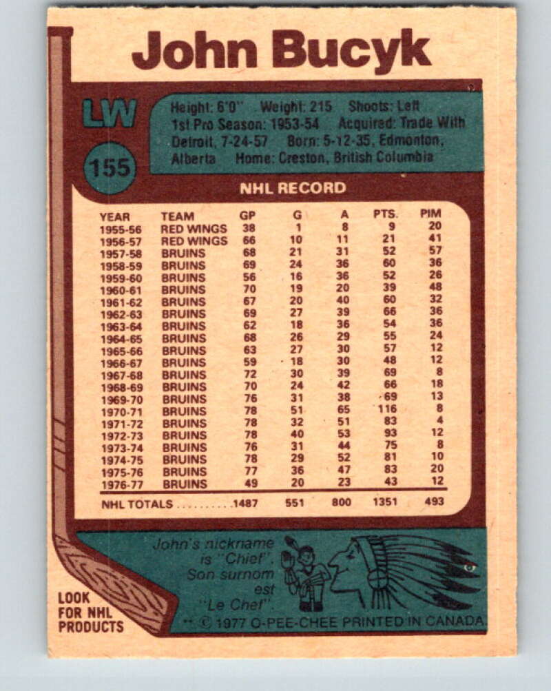 1977-78 O-Pee-Chee #155 Johnny Bucyk  Boston Bruins  V13989