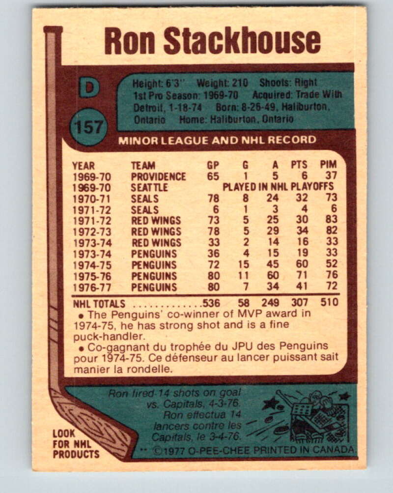 1977-78 O-Pee-Chee #157 Ron Stackhouse  Pittsburgh Penguins  V14003