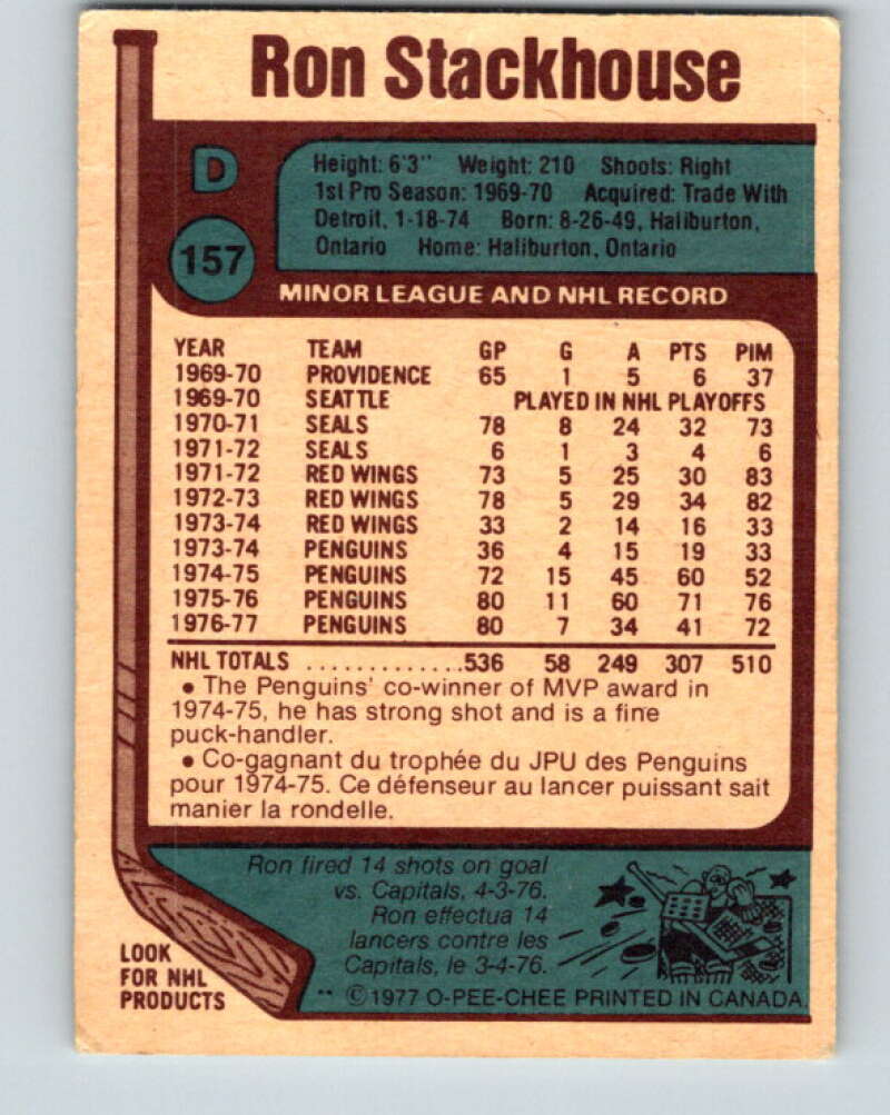 1977-78 O-Pee-Chee #157 Ron Stackhouse  Pittsburgh Penguins  V14005