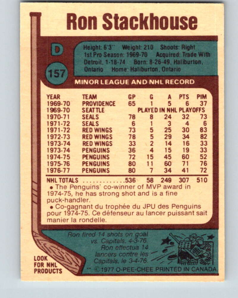 1977-78 O-Pee-Chee #157 Ron Stackhouse  Pittsburgh Penguins  V14014