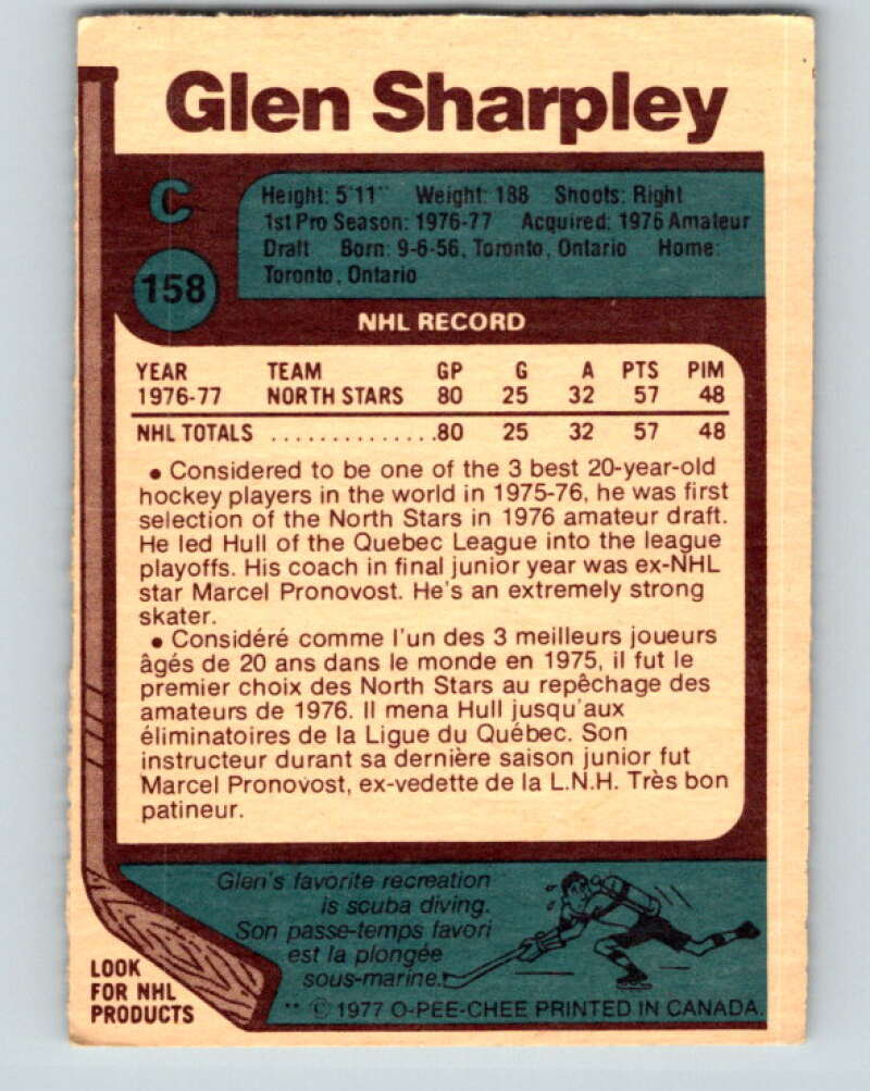 1977-78 O-Pee-Chee #158 Glen Sharpley  RC Rookie North Stars  V14029