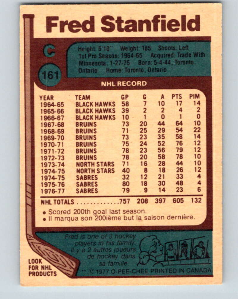 1977-78 O-Pee-Chee #161 Fred Stanfield  Buffalo Sabres  V14050