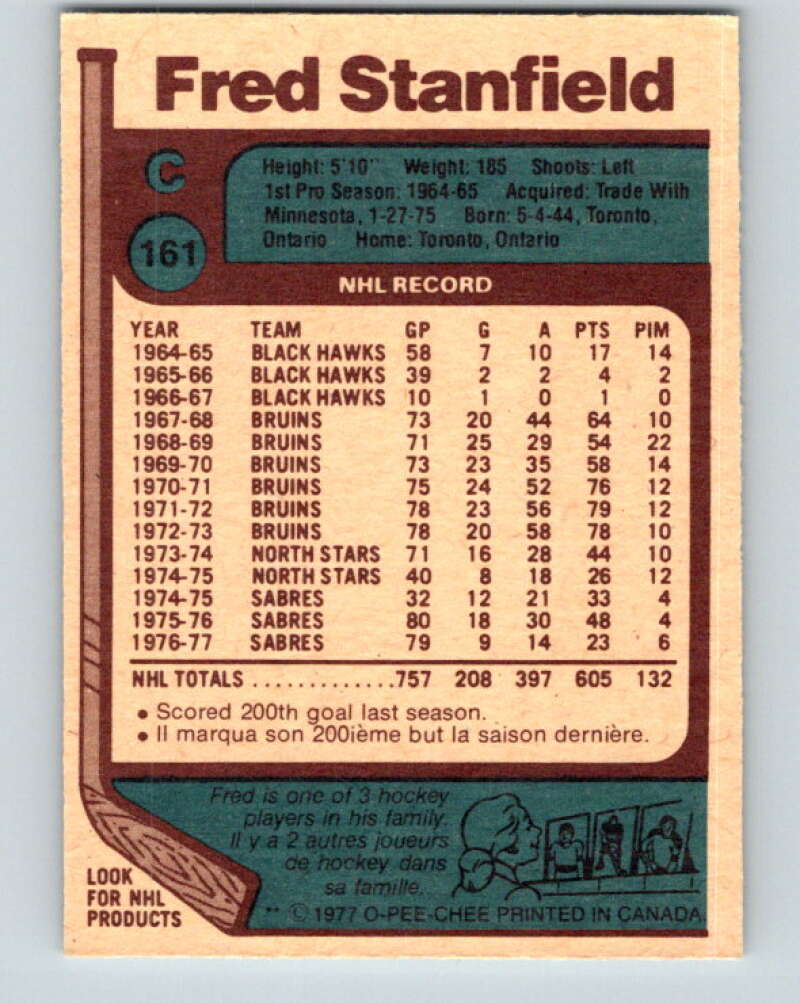 1977-78 O-Pee-Chee #161 Fred Stanfield  Buffalo Sabres  V14053