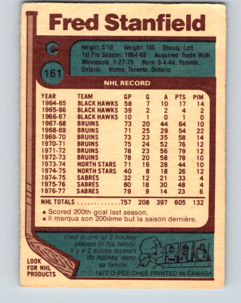1977-78 O-Pee-Chee #161 Fred Stanfield  Buffalo Sabres  V14056