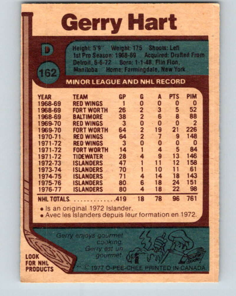1977-78 O-Pee-Chee #162 Gerry Hart  New York Islanders  V14057