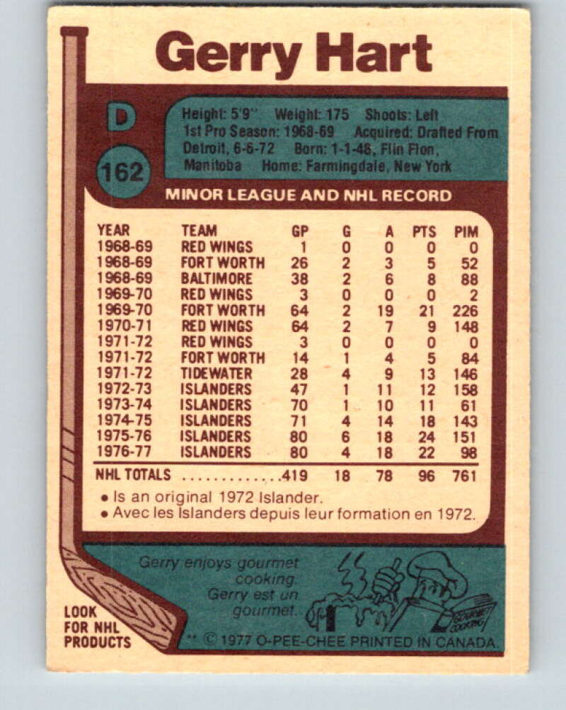 1977-78 O-Pee-Chee #162 Gerry Hart  New York Islanders  V14058