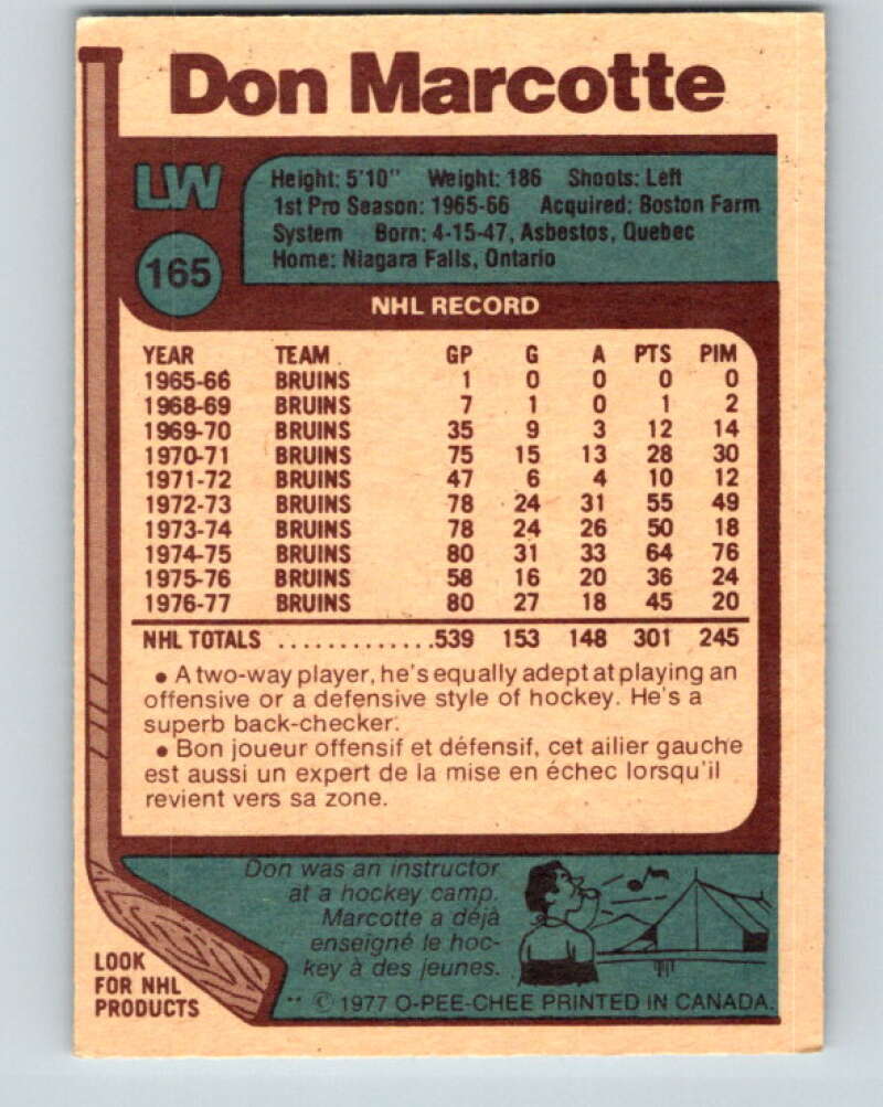 1977-78 O-Pee-Chee #165 Don Marcotte  Boston Bruins  V14081