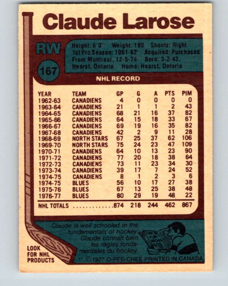1977-78 O-Pee-Chee #167 Claude Larose  St. Louis Blues  V14090
