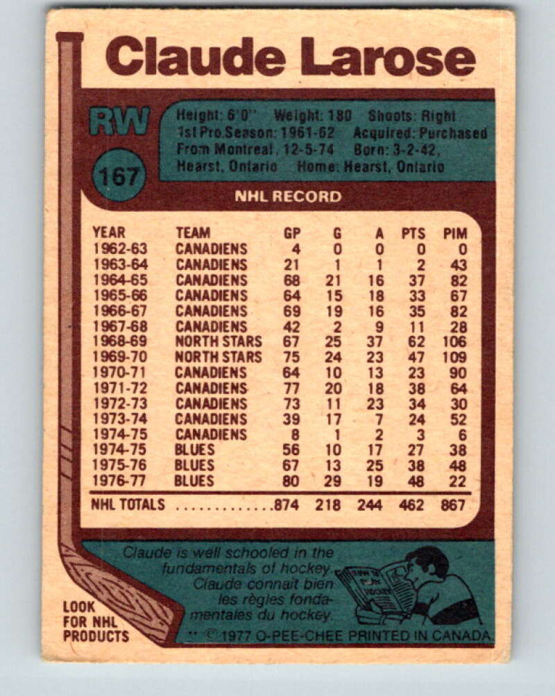 1977-78 O-Pee-Chee #167 Claude Larose  St. Louis Blues  V14095