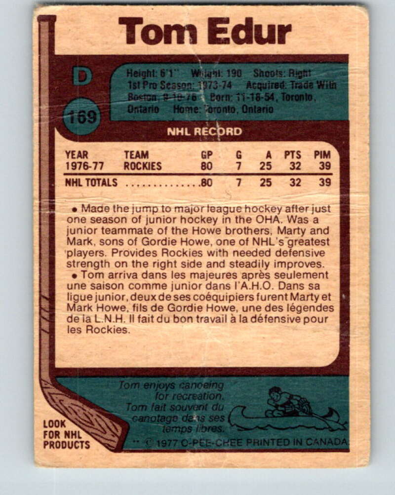 1977-78 O-Pee-Chee #169 Tom Edur  RC Rookie Colorado Rockies  V14110