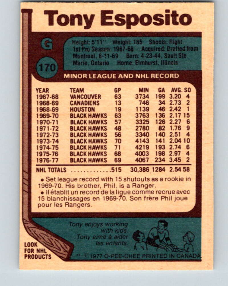 1977-78 O-Pee-Chee #170 Tony Esposito  Chicago Blackhawks  V14113