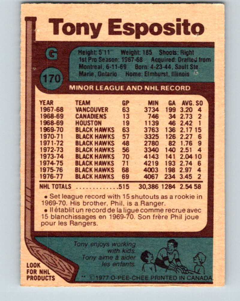 1977-78 O-Pee-Chee #170 Tony Esposito  Chicago Blackhawks  V14114