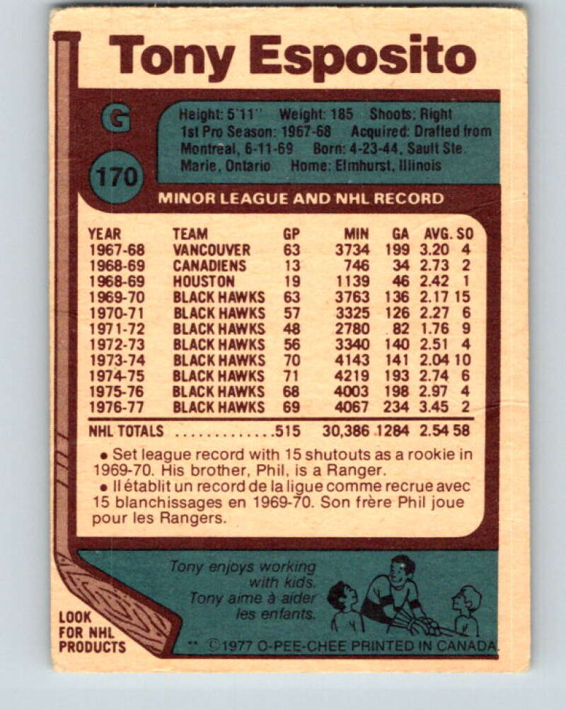 1977-78 O-Pee-Chee #170 Tony Esposito  Chicago Blackhawks  V14120