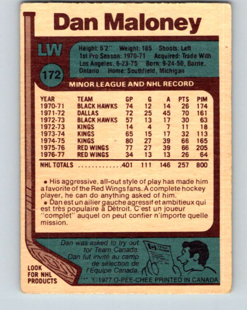 1977-78 O-Pee-Chee #172 Dan Maloney  Detroit Red Wings  V14134