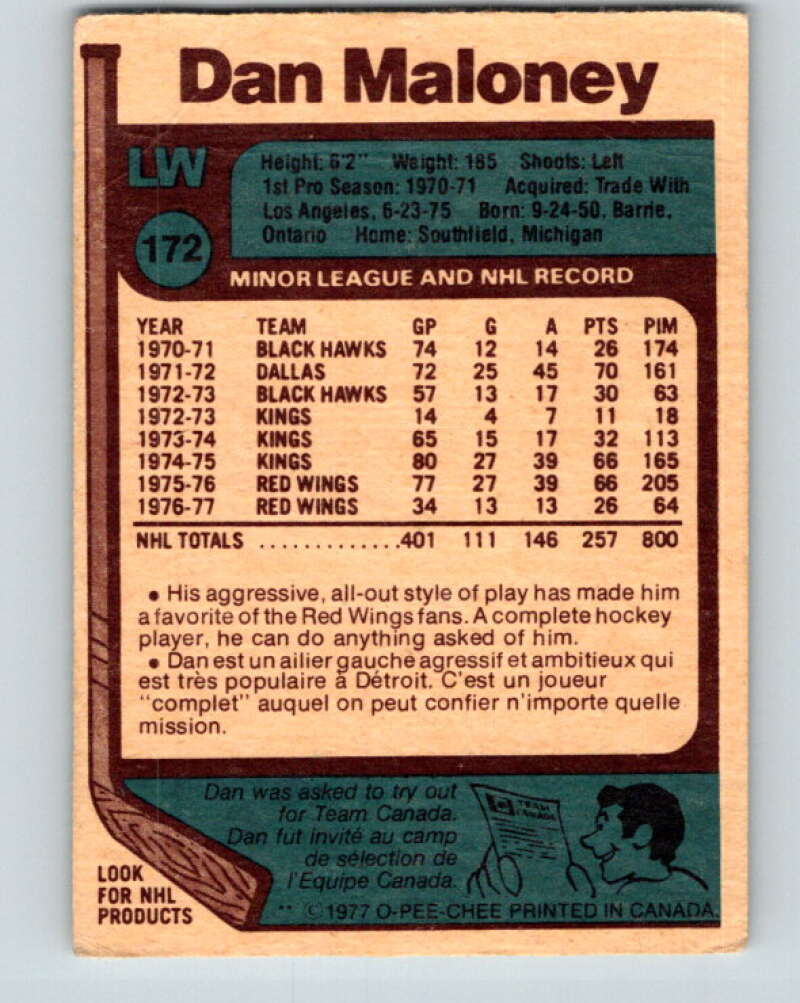 1977-78 O-Pee-Chee #172 Dan Maloney  Detroit Red Wings  V14135