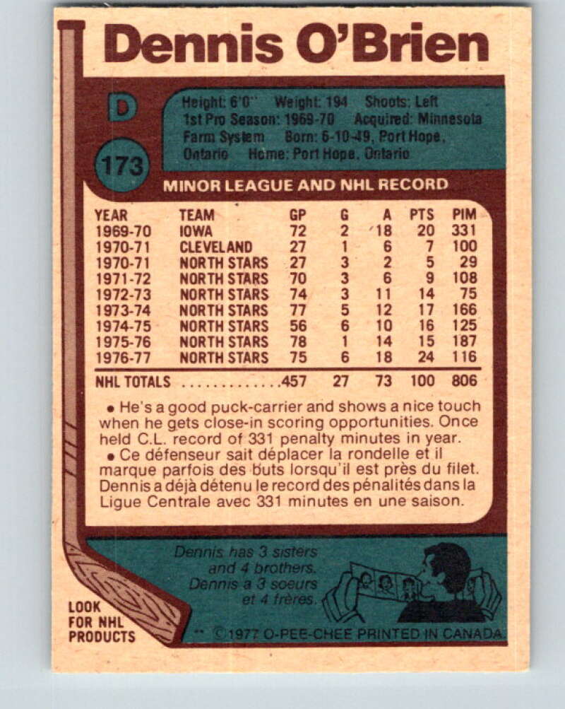 1977-78 O-Pee-Chee #173 Dennis O'Brien  Minnesota North Stars  V14139